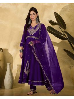 KVS FAB - Women Embroidered Purple Silk Blend Kurta with Pant and Dupatta