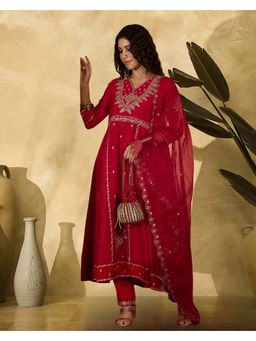KVS FAB - Women Embroidered Silk Blend Red Kurta with Pant and Dupatta