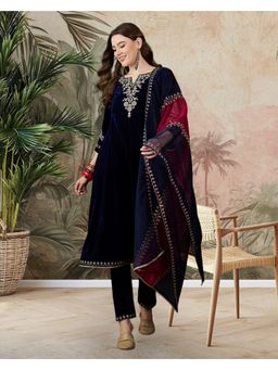 KVS FAB - Women Embroidered Silk Blended Blue Kurta with Pant and Dupatta