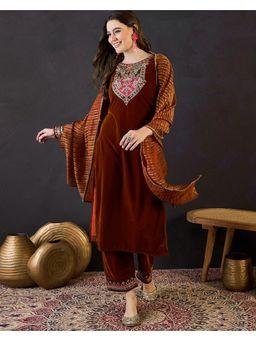 KVS FAB - Women Embroidered Velvet Brown Kurta with Pant and Dupatta