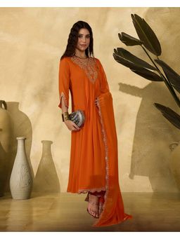 KVS FAB - Women Embroidered Georgette Orange Kurta with Pant and Dupatta