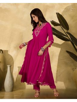 KVS FAB - Women Embroidered Georgette Magenta Kurta with Pant and Dupatta