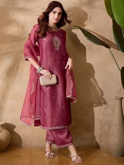 KVS FAB - Women Embroidery Silk Blend Pink Kurta with Pant and Dupatta