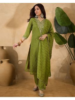 KVS FAB - Women Embroidered Green Silk Blend Kurta with Pant and Dupatta
