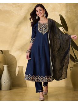 KVS FAB - Women Embroidered Silk Blend Navy Blue Kurta with Pant and Dupatta
