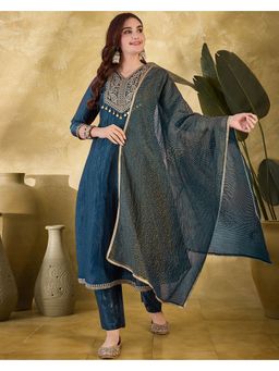 KVS FAB - Women Embroidered Silk Blend Teal Kurta with Pant and Dupatta