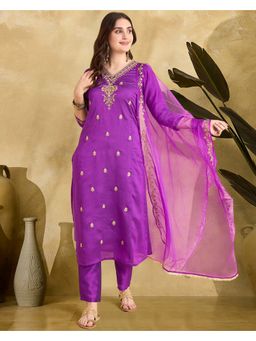 KVS FAB - Women Embroidery Silk Blend Purple Kurta with Pant and Dupatta