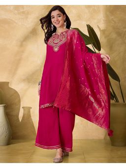 KVS FAB - Women Embroidered Silk Blend Pink Kurta with Palazzo and Dupatta