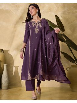 KVS FAB - Women Embroidered Silk Blend Purple Kurta with Pant and Dupatta