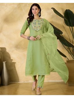 KVS FAB - Women Embroidered Cotton Blend Green Kurta with Pant and Dupatta