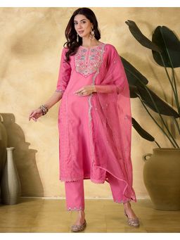 KVS FAB - Women Embroidered Cotton Blend Pink Kurta with Pant and Dupatta