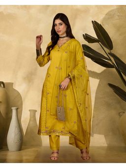 KVS FAB - Women Embroidered Cotton Blend Yellow Kurta with Pant and Dupatta