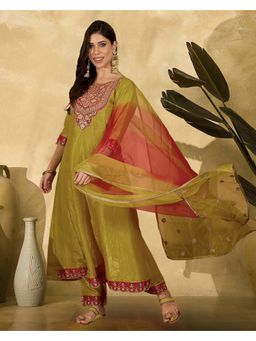 KVS FAB - Women Embroidered Yellow Silk Blend Kurta with Pant and Dupatta