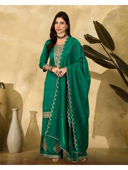 KVS FAB - Women Embroidered Silk Blend Green Kurta with Palazzo and Dupatta