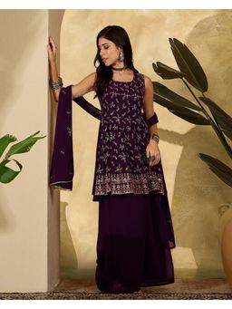 KVS FAB - Women Embroidered Silk Blend Wine Kurta with Palazzo and Dupatta