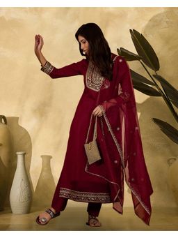 KVS FAB - Women Embroidered Silk Blended Maroon Kurta with Pant and Dupatta