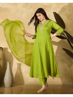 KVS FAB - Women Embroidered Green Silk Blend Kurta with Pant and Dupatta