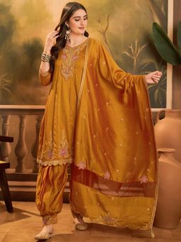 KVS FAB - Women Embroidered Silk Blend Mustard Kurta with Salwar and Dupatta