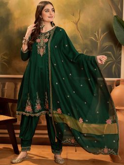 KVS FAB - Women Embroidered Silk Blend Green Kurta with Salwar and Dupatta