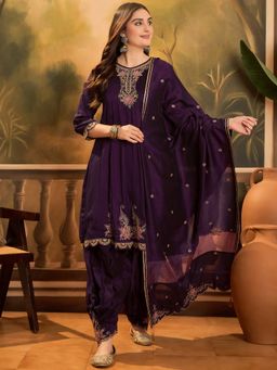 KVS FAB - Women Embroidered Silk Blend Purple Kurta with Salwar and Dupatta