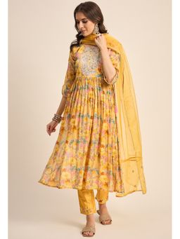 KVS FAB - Women Embroidered Silk Blend Yellow Kurta with Pant and Dupatta