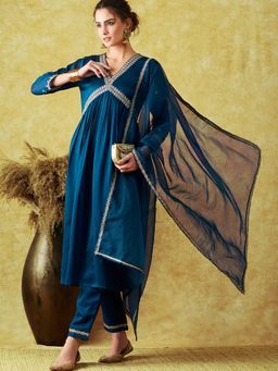KVS FAB - Women Embroidery Silk Blend Blue Kurta with Pant and Dupatta