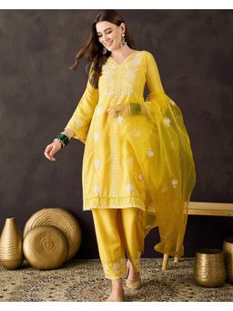 KVS FAB - Women Embroidery Silk Blend Yellow Kurta with Pant and Dupatta