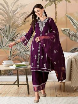 KVS FAB - Women Embroidered Silk Blend Burgundy Kurta with Pant and Dupatta
