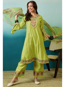 KVS FAB - Women Embroidered Silk Blend Green Kurta with Palazzo and Dupatta
