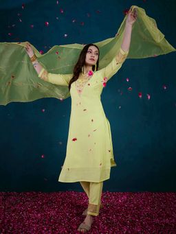 KVS FAB - Women Embroidered Silk Blend Yellow Kurta with Pant and Dupatta