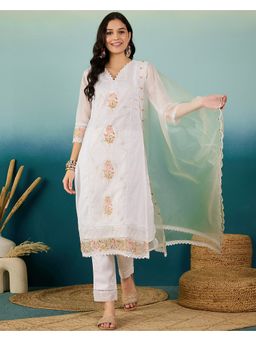 KVS FAB - Women Embroidered Organza White Kurta with Pant and Dupatta