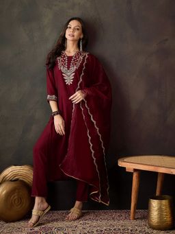 KVS FAB - Women Embroidered Silk Blend Maroon Kurta with Pant and Dupatta