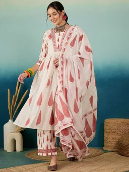 KVS FAB - Women Embroidered Pure Cotton Peach Kurta with Palazzo and Dupatta