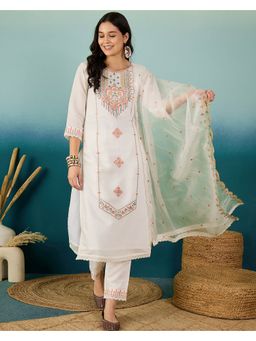 KVS FAB - Women Embroidered Silk Blend White Kurta with Pant and Dupatta
