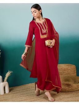 KVS FAB - Women Embroidered Silk Blend Red Kurta with Palazzo and Dupatta