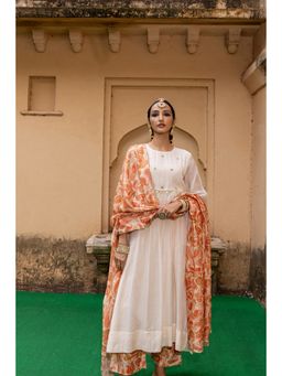 Suramya - Gather Beige Anarkali Kurta with Pant and Dupatta