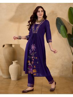 KVS FAB - Women Georgette Embroidered Purple Kurta with Pant