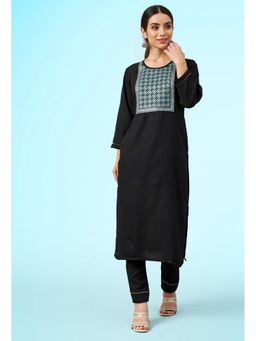 KVS FAB - Women Cotton Embroidered Black Kurta with Pant