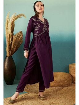 KVS FAB - Women Silk Embroidered Wine Kurta with Pant