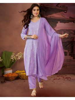 KVS FAB - Women Silk Blend Floral Lavender Kurta with Pant and Dupatta