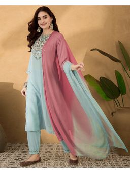 KVS FAB - Blue Women Silk Blend Embroidered Kurta with Pant and Dupatta