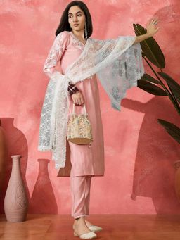 KVS FAB - Women Silk Blend Embroidered Peach Kurta with Pant and Dupatta