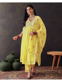 KVS FAB - Women Georgette Embroidered Yellow Kurta with Pant and Dupatta