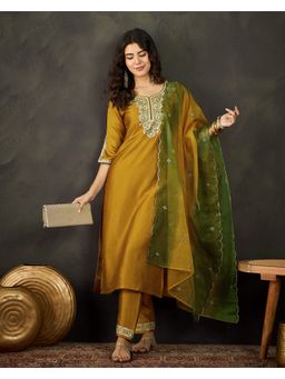 KVS FAB - Women Silk Blend Embroidered Mustard Kurta with Pant and Dupatta