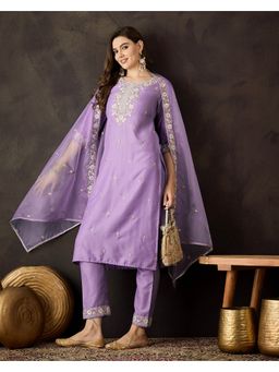 KVS FAB - Women Silk Blend Embroidered Lavender Kurta with Pant and Dupatta