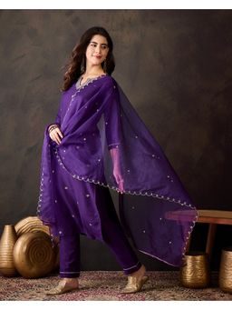 KVS FAB - Women Silk Blend Embroidered Purple Kurta with Pant and Dupatta