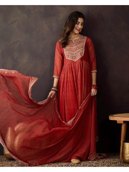 KVS FAB - Women Georgette Embroidered Orange Kurta with Pant and Dupatta