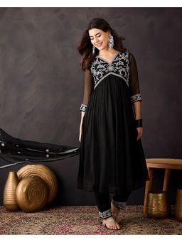 KVS FAB - Women Georgette Embroidered Black Kurta with Pant and Dupatta
