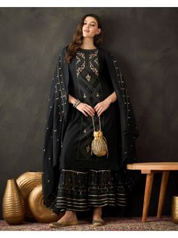 KVS FAB - Women Cotton Embroidered Black Kurta with Sharara and Dupatta