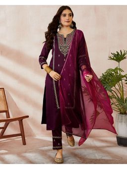 KVS FAB - Women Silk Blended Embroidered Wine Kurta with Pant and Dupatta